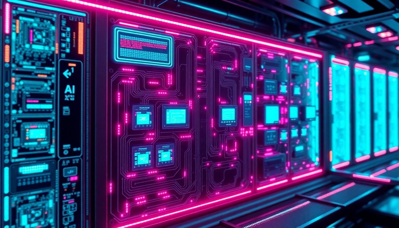 A highly detailed, glowing 3D illustration of a futuristic AI control panel or data center hardware, with neon cyan and magenta lights illuminating the complex circuitry and components, conceptually representing the technological advancements driving the policy proposals.