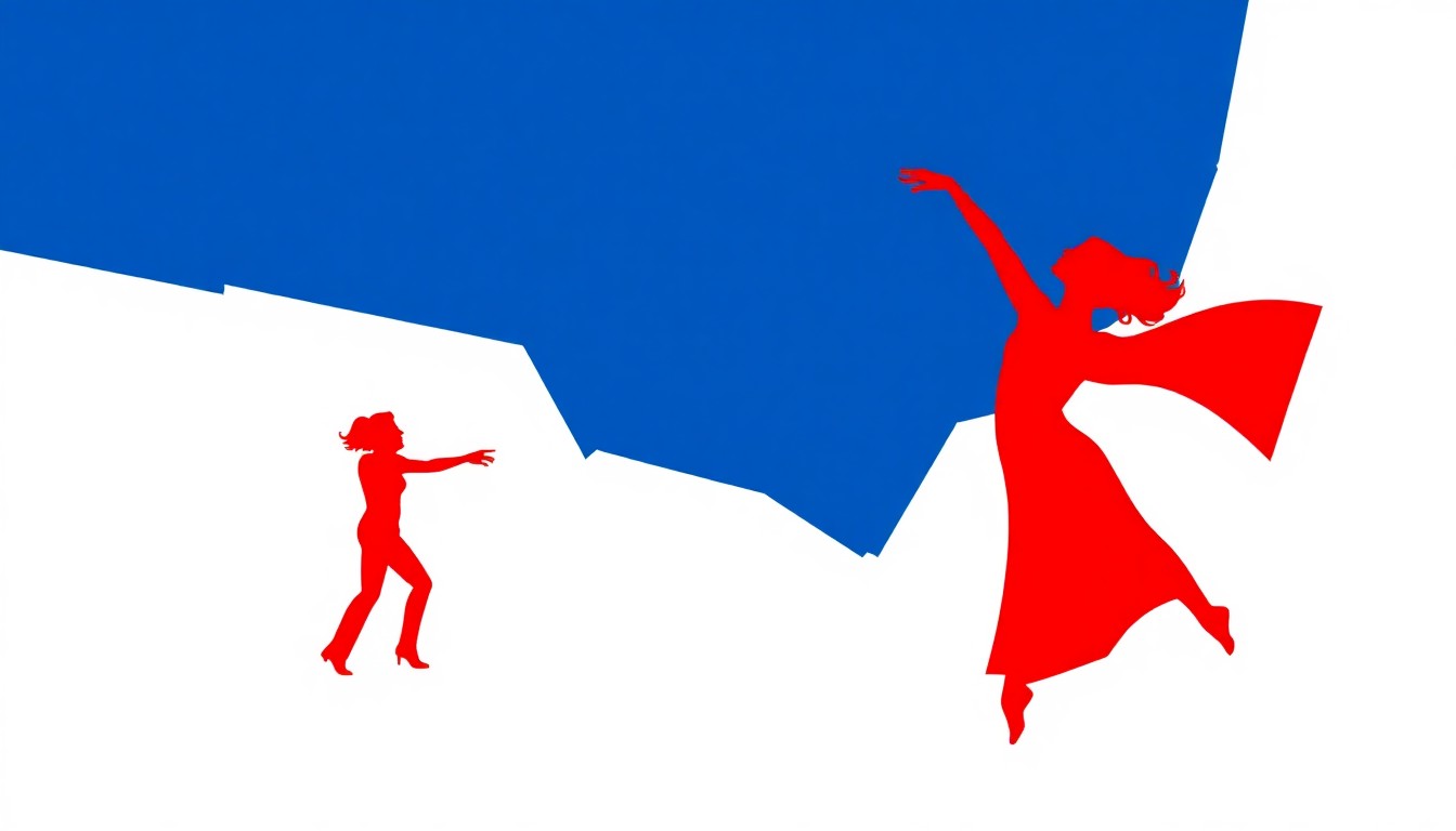 A striking abstract composition of jagged geometric shapes in deep blue, bright red, and stark white, conceptually representing the dynamic and expansive nature of contemporary dance.