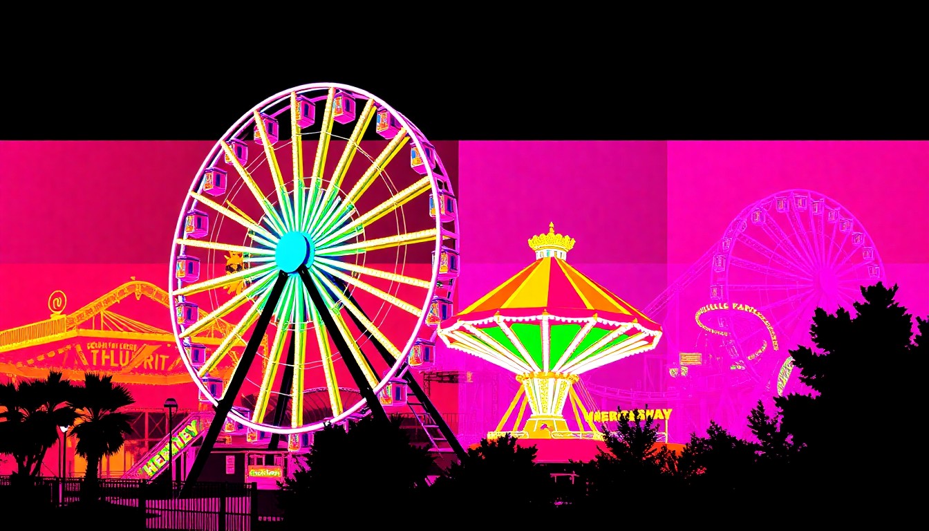 A high-contrast silkscreen print of a Hersheypark roller coaster repeated in a grid pattern, using bold neon colors and heavy black outlines to create a modern pop art aesthetic.