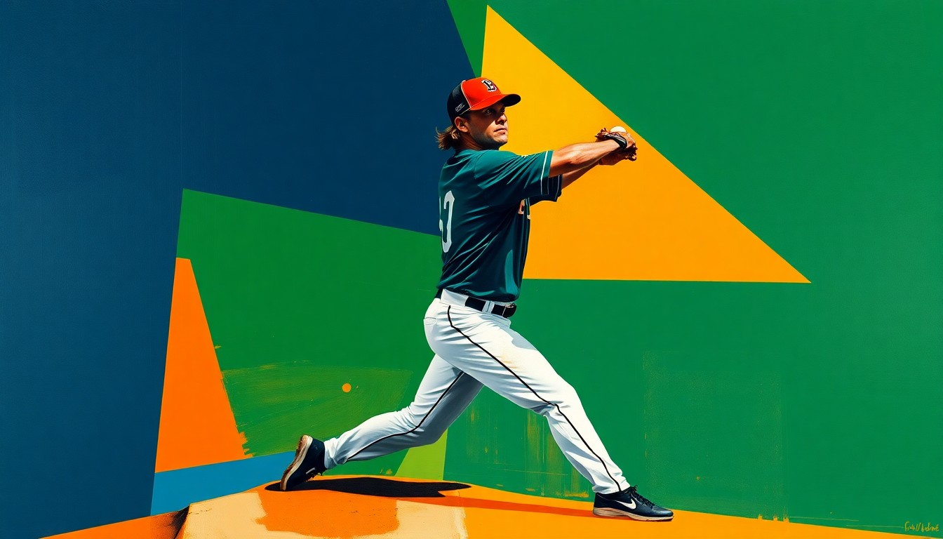 A cubist, geometric painting depicting a baseball pitcher's windup and delivery broken down into sharp, overlapping planes of navy, green, and orange, capturing the unique mechanics that have made Emerson Hancock a breakout star.