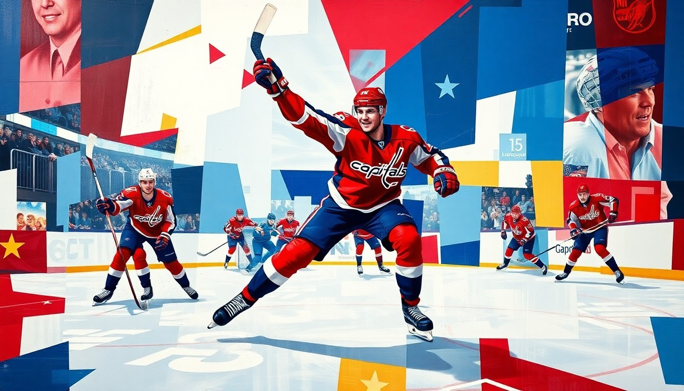 A fragmented, geometric painting depicting the dynamic movements and celebrations of a hockey player, rendered in the cubist style with bold, overlapping planes of the Capitals' team colors.