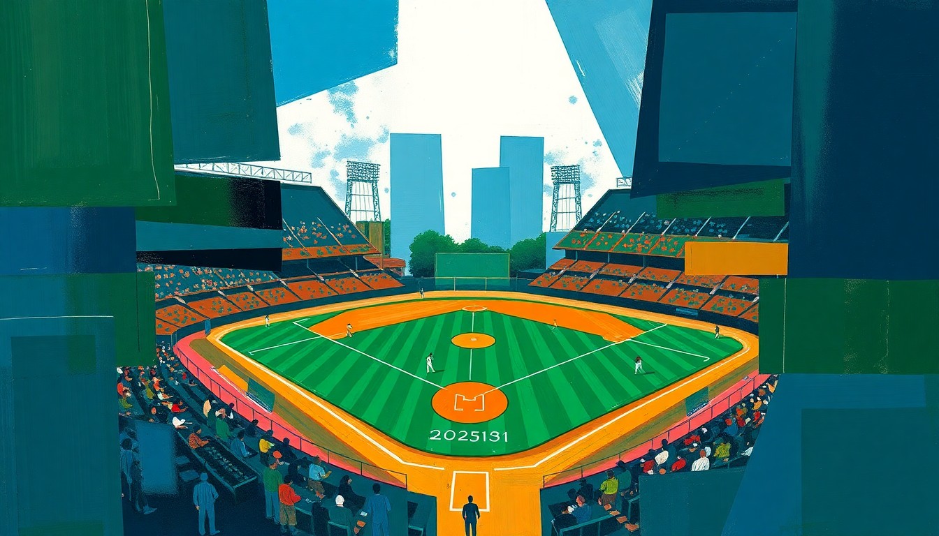 A cubist-style painting featuring overlapping geometric shapes in navy, green, and orange, conceptually representing the dynamic energy and strategic planning of a baseball team's front office.