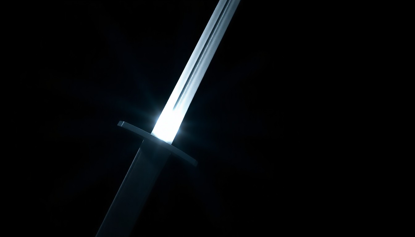 An extreme close-up photograph of a sword hilt against a stark black background, the metal and leather details dramatically illuminated by a harsh camera flash, conceptually representing the investigation into a suspicious vehicle found in downtown Dallas.