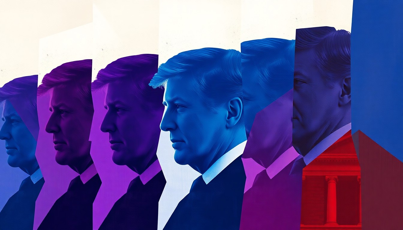 A fractured, abstract painting featuring the silhouette of a politician repeated in overlapping geometric shapes in shades of blue, violet, and red, conveying a sense of political turmoil and allegations.