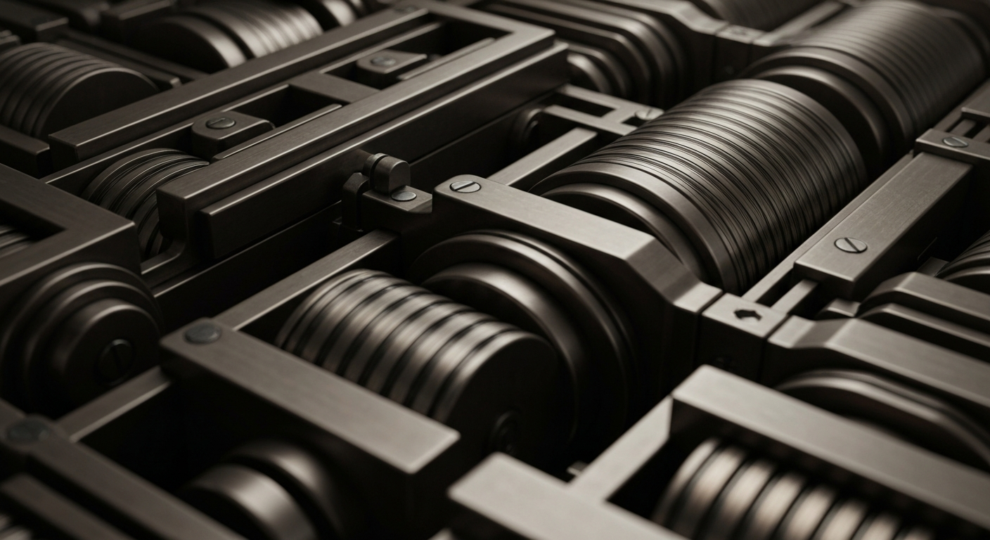 A highly detailed, industrial close-up of complex banking equipment and mechanisms, conveying a sense of institutional financial strength and stability.