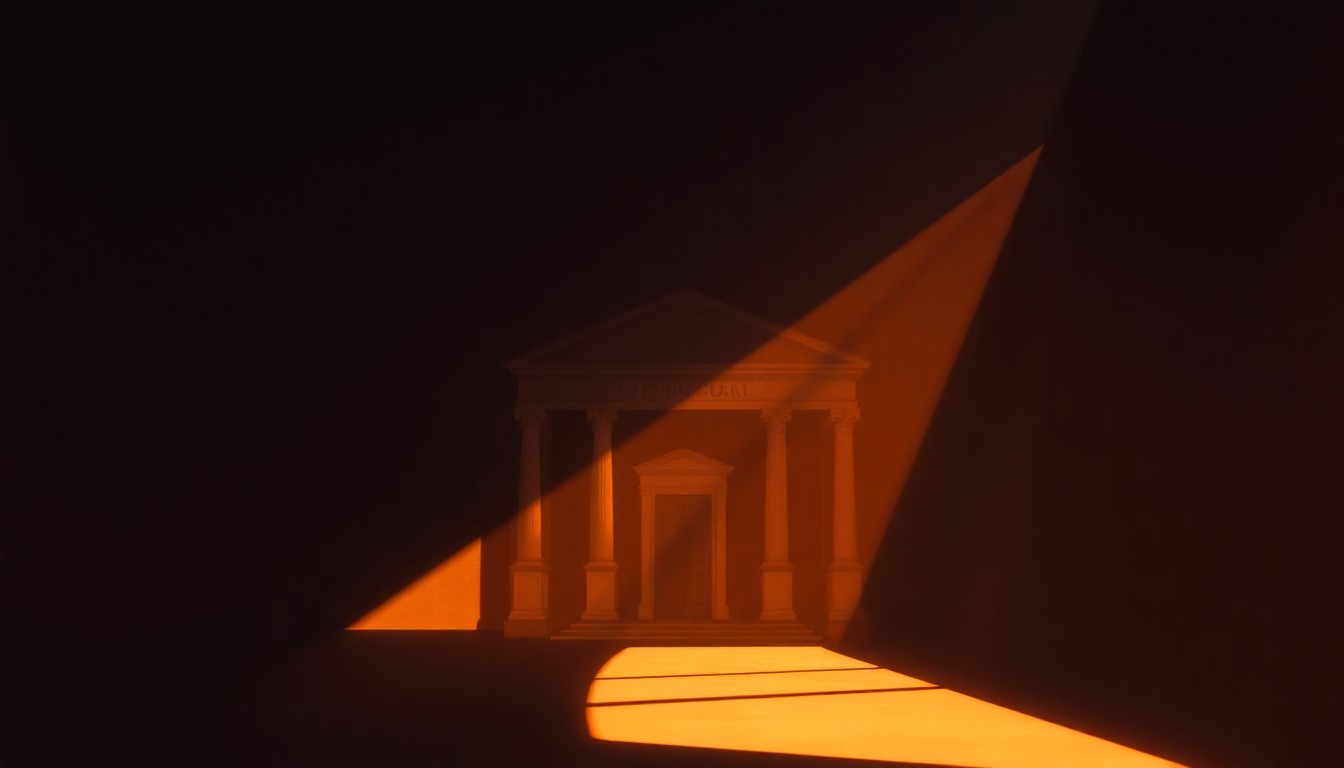 A dimly lit, textured oil painting of an empty government building or town hall, with warm sunlight streaming through the windows and deep shadows across the facade, conveying a sense of quiet contemplation and civic responsibility.