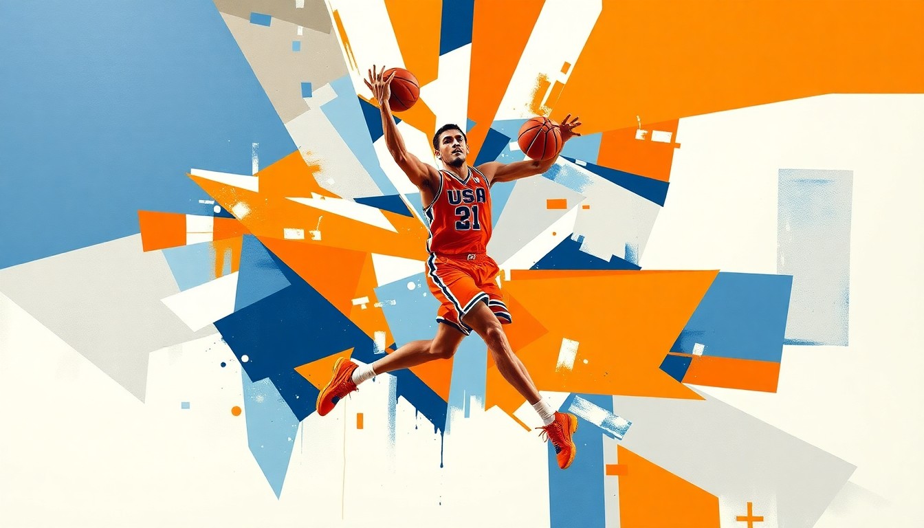 A cubist, geometric painting depicting the fragmented movements and actions of a basketball player, rendered in the colors of the Syracuse Orange.