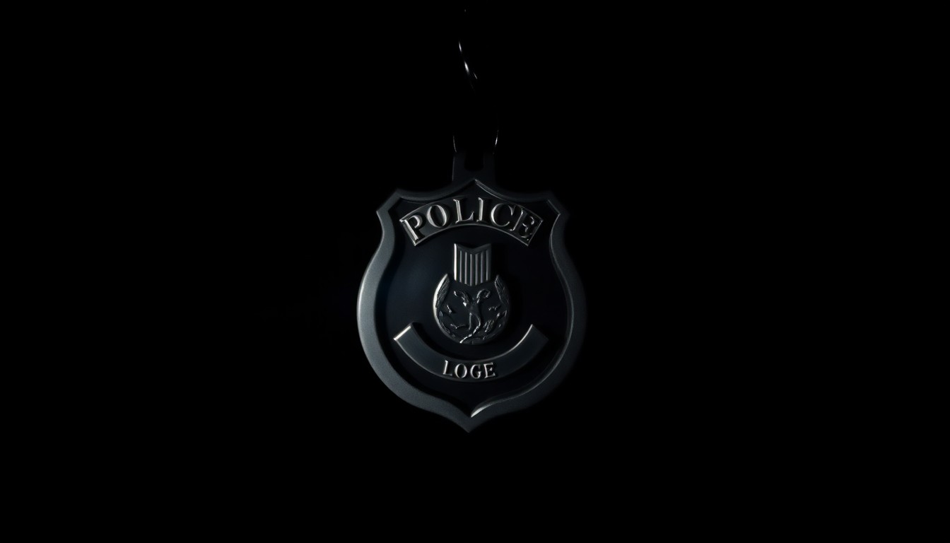 An extreme close-up of a police badge or handcuffs reflecting a harsh, direct camera flash, conceptually illustrating the investigation into an alleged police assault.