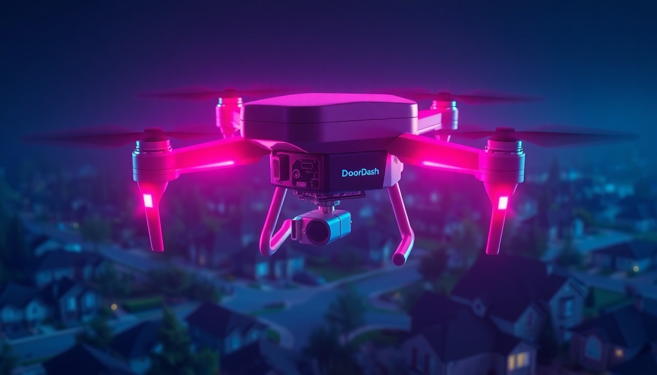 A highly detailed, glowing 3D illustration of a DoorDash delivery drone hovering above a suburban neighborhood, with neon cyan and magenta lights illuminating the drone's intricate mechanical components, conceptually representing the advanced technology powering the new autonomous delivery service.