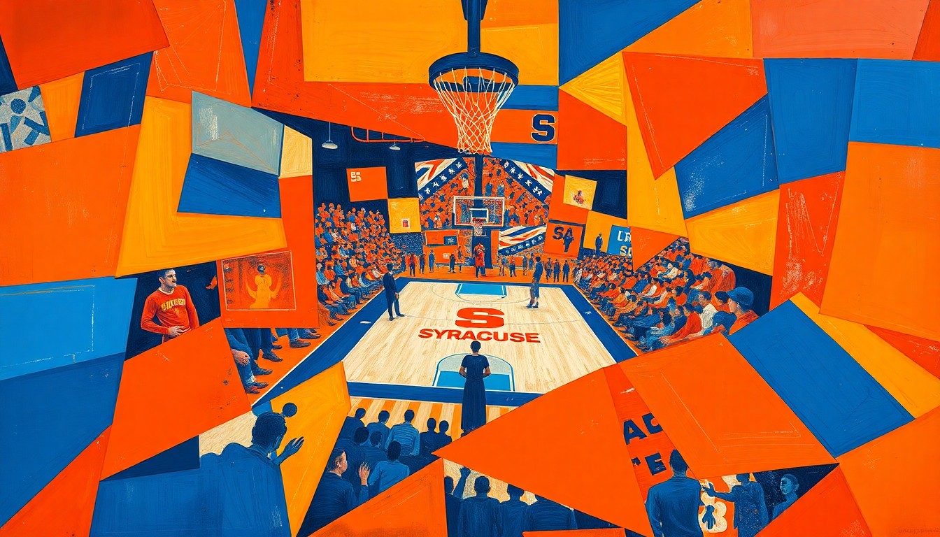 A cubist-style painting featuring overlapping geometric shapes and planes in shades of orange and blue, capturing the energy and movement of a basketball game.