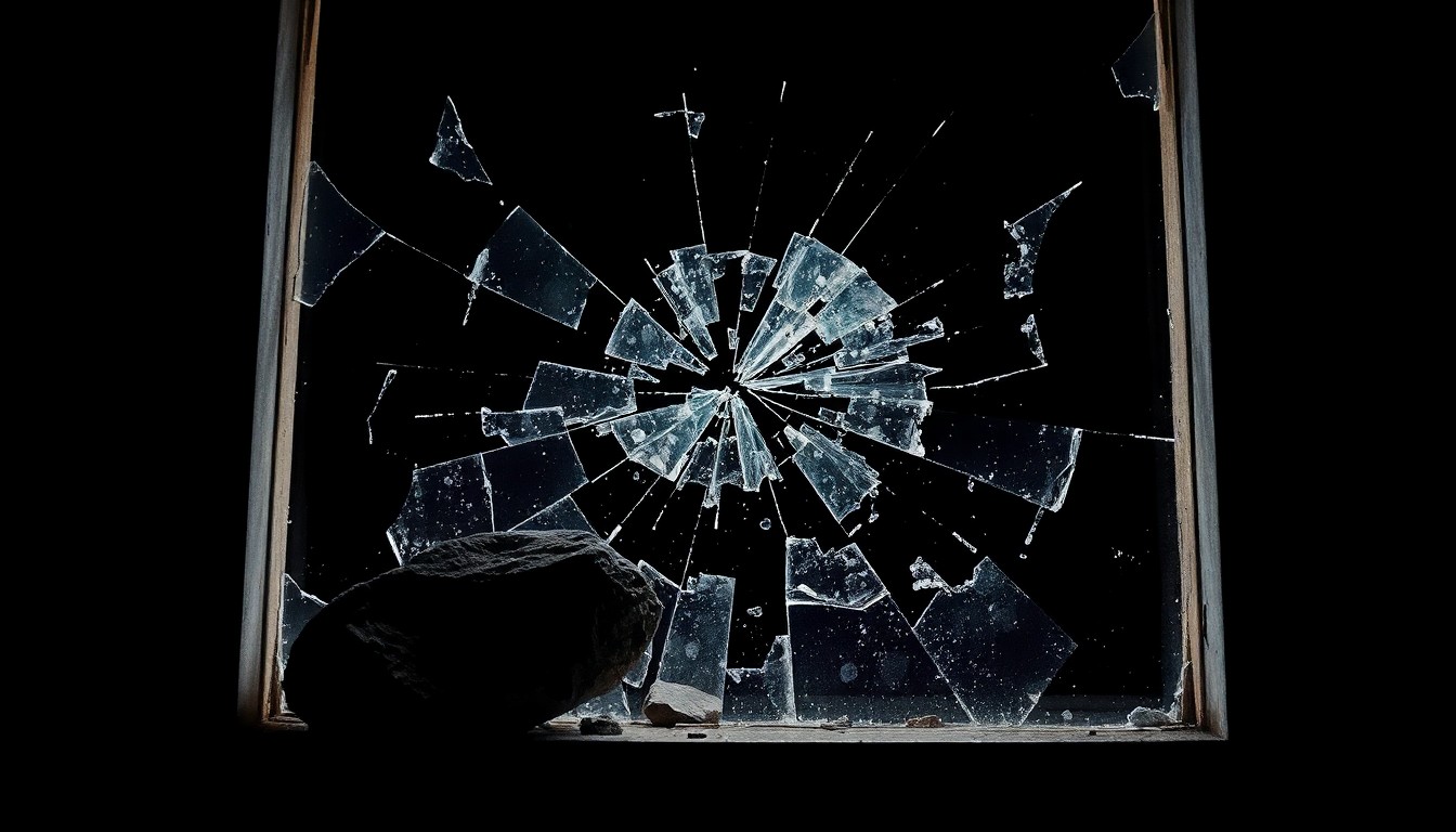 An extreme close-up of a shattered bank window with jagged glass and a large rock on the ground, lit by a harsh, direct camera flash against a pitch-black background, conceptually illustrating the vandalism of local businesses.