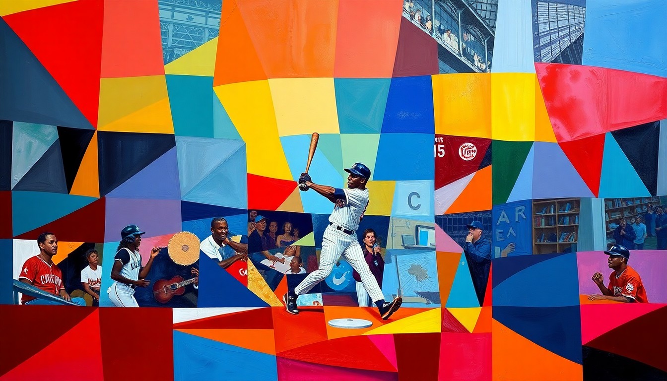 A cubist, geometric painting depicting Hank Aaron's 715th home run in a fractured, multi-perspective style, using the team colors of the Atlanta Braves and Los Angeles Dodgers to represent the momentous event.