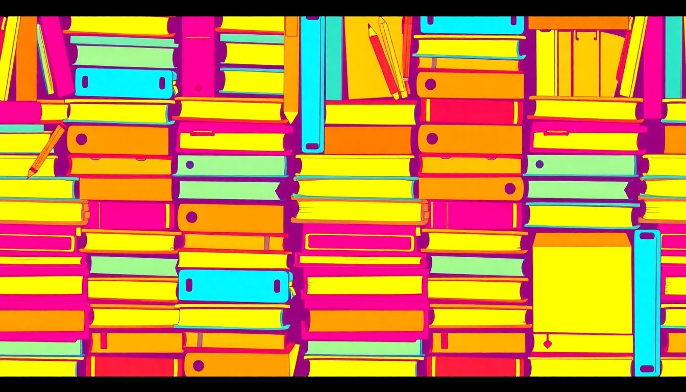 A brightly colored, high-contrast silkscreen print of stacked textbooks and school supplies repeated in a tight grid pattern, capturing the energy and creativity of the educational partnership between the two organizations.