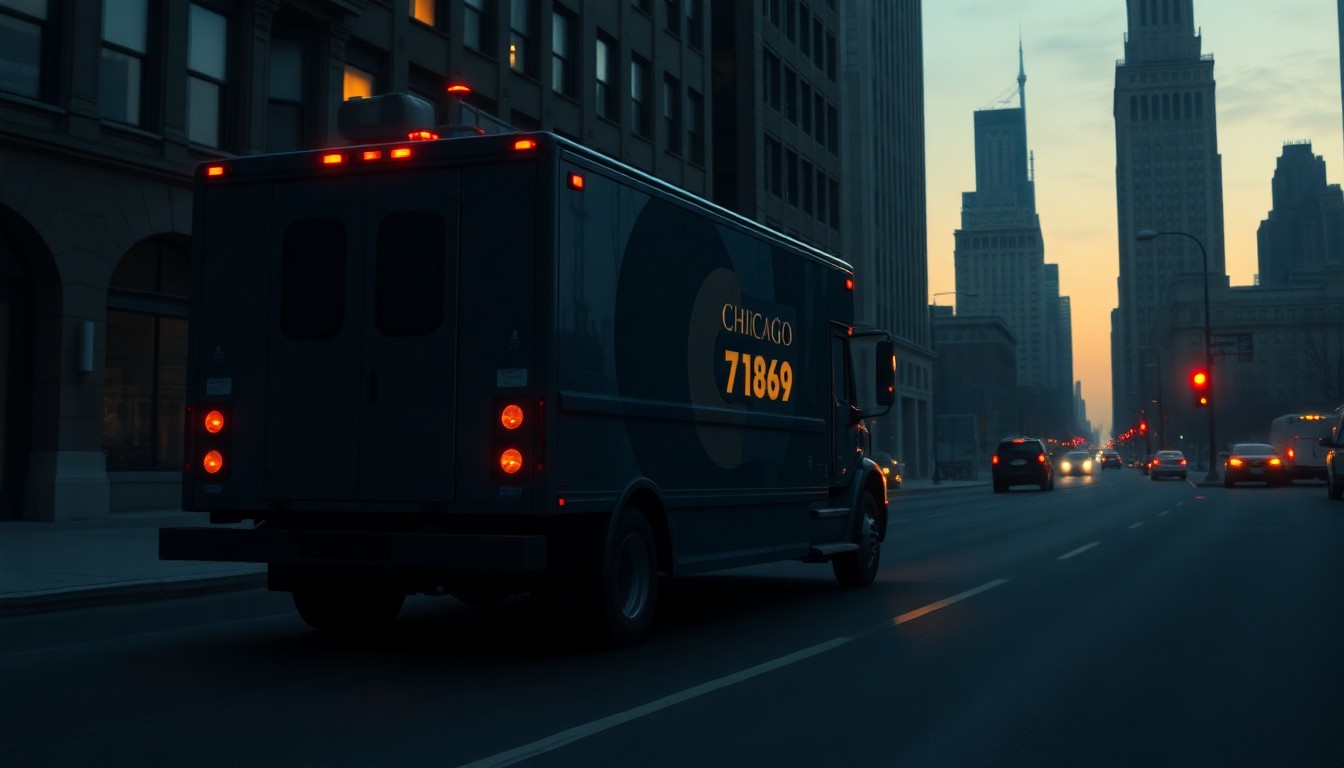 A cinematic painting of a lone Chicago Department of Transportation truck parked on a quiet city street at dusk, its flashing lights casting long shadows across the pavement in muted tones of navy, charcoal, and amber, creating a sense of urban melancholy.