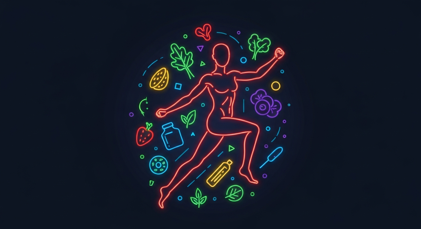 A vibrant, neon-outlined illustration of a human figure in motion, surrounded by glowing shapes and lines that symbolize healthy foods, nature, and wellness, capturing the dynamic energy and diverse priorities of the MAHA movement.