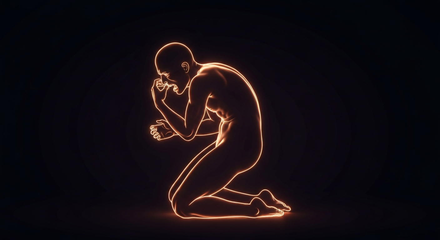 A glowing neon outline of a human figure in a contorted, agonized pose, representing the physical and psychological toll of opioid addiction, set against a dark background to emphasize the dangerous, high-energy nature of the new synthetic drug cychlorphine.