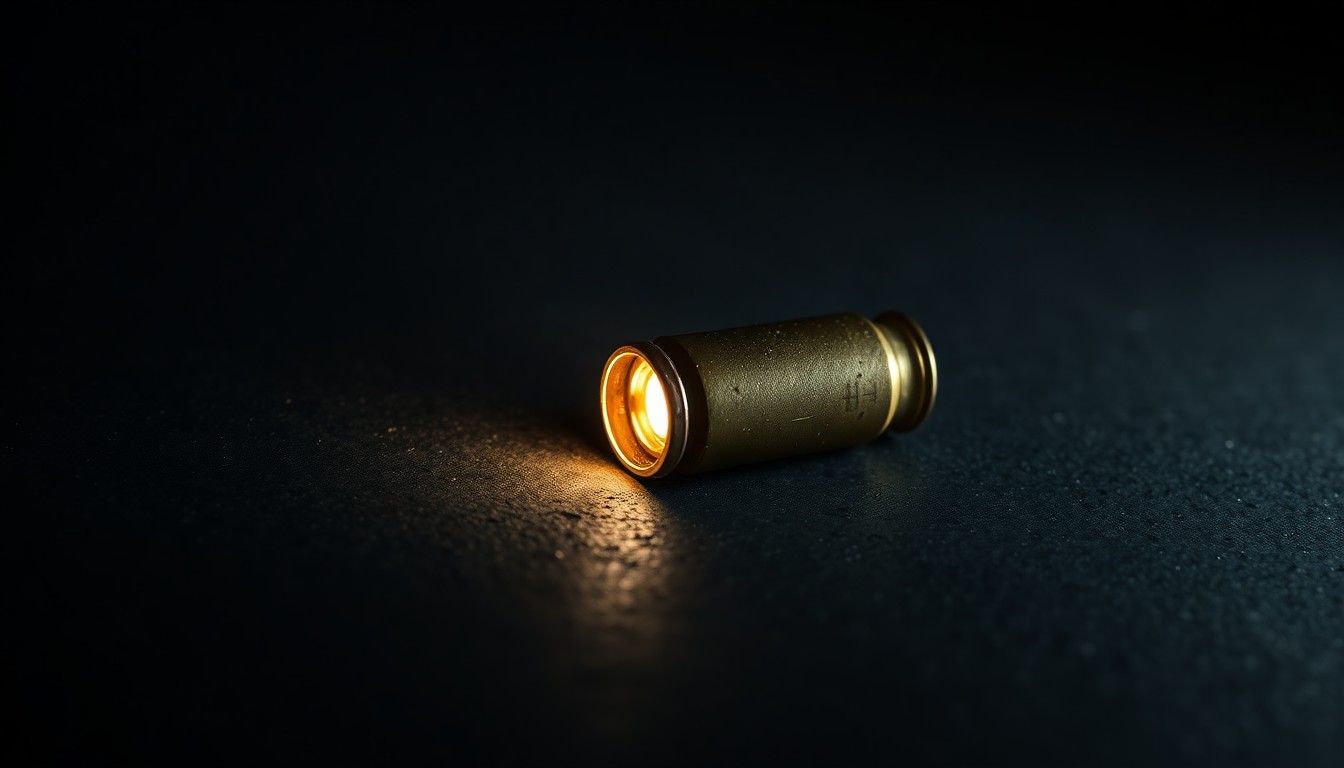 An extreme close-up photograph of a single spent bullet casing on a dark, textured surface, lit by a harsh, direct camera flash, conceptually representing the evidence of a violent crime.