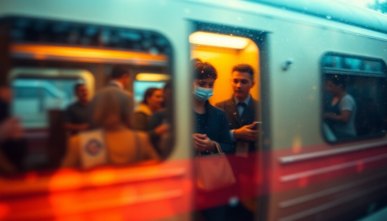 An impressionistic, out-of-focus scene of people boarding a vintage subway car, with warm, hazy pools of light and color creating a nostalgic, dreamlike atmosphere.