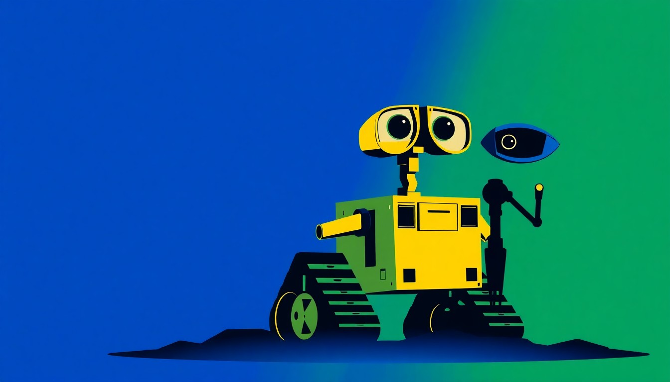 A striking abstract illustration featuring bold, jagged geometric shapes in shades of blue, green, and yellow, conceptually representing the iconic WALL-E and EVE robots from the Pixar film.