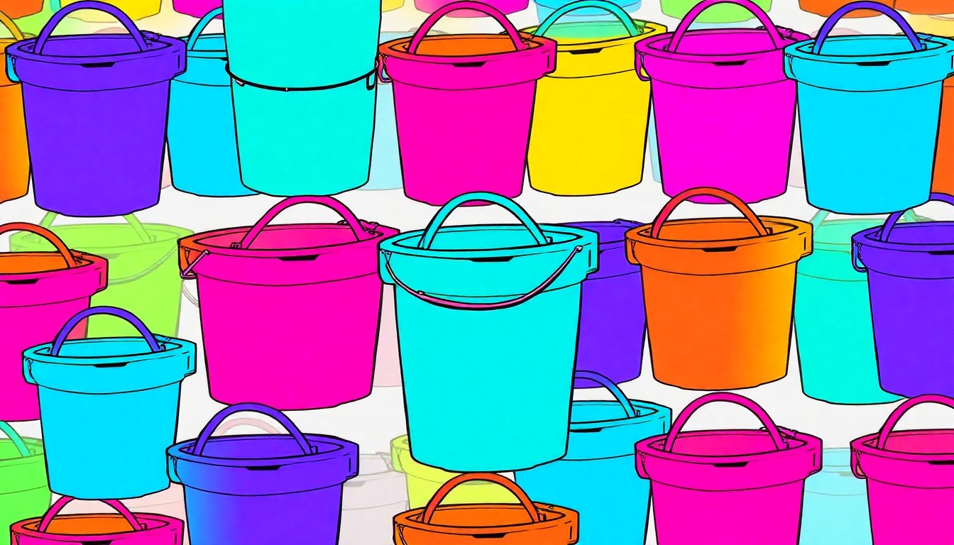 A vibrant, silkscreen-style grid of a bright orange trash bucket, repeated in shades of neon green, pink, and blue, conceptually representing the community-driven beach cleanup efforts.