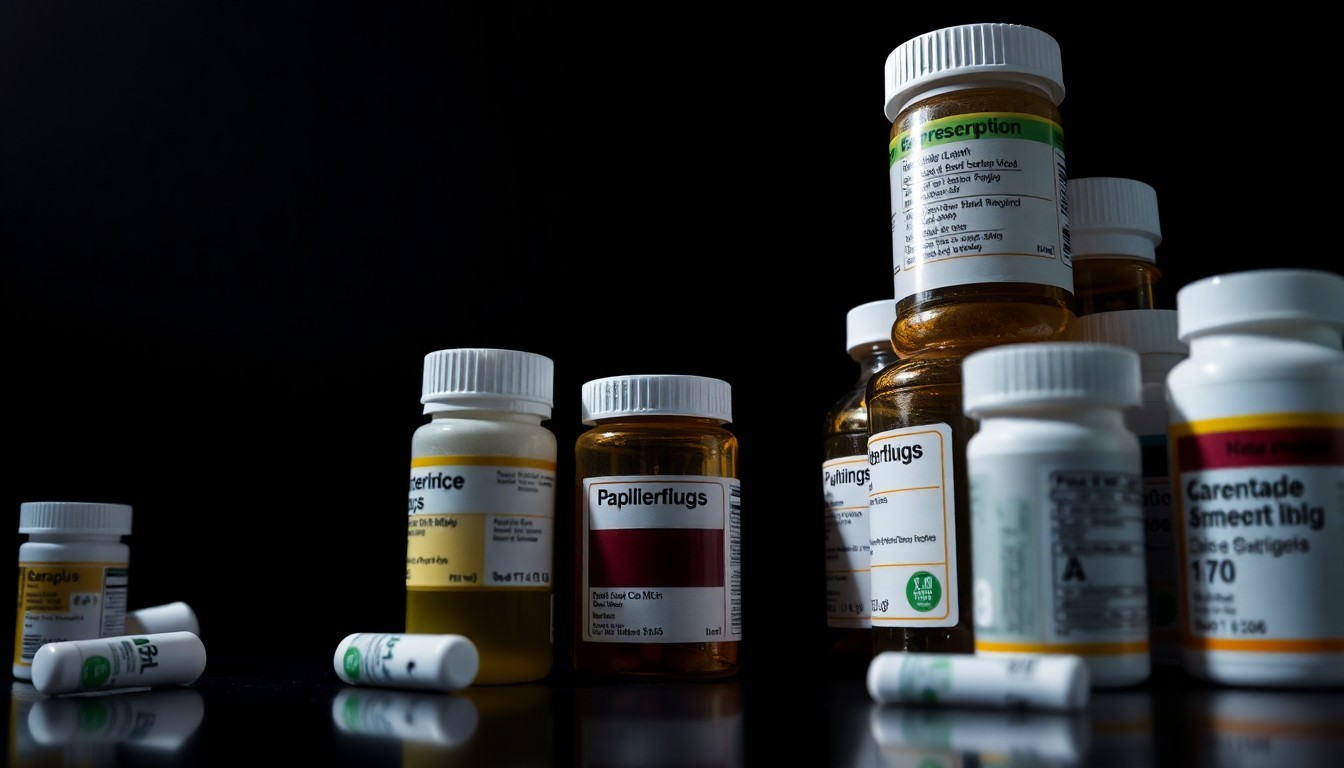 An extreme close-up photograph of a stack of generic prescription drug bottles against a pitch-black background, lit by a harsh, direct camera flash, conceptually illustrating the fraud and abuse uncovered in California's Medicaid program.