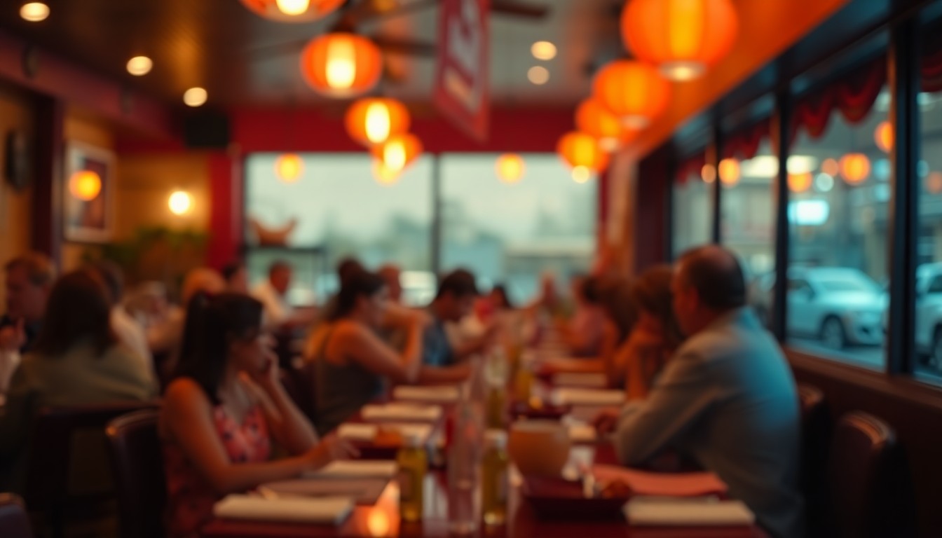 An abstract, impressionistic scene of people dining at a Mexican restaurant, captured in soft, blurred pools of warm light and color, conveying a sense of the dining experience.