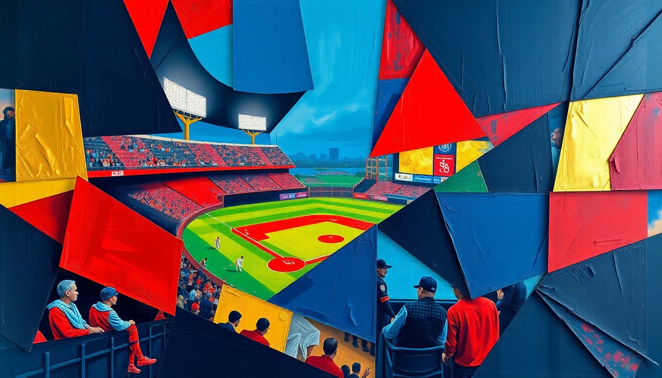 A cubist, geometric painting depicting a baseball game in motion, with sharp, overlapping planes of navy blue, red, and gold representing the Guardians' dynamic pitching staff.