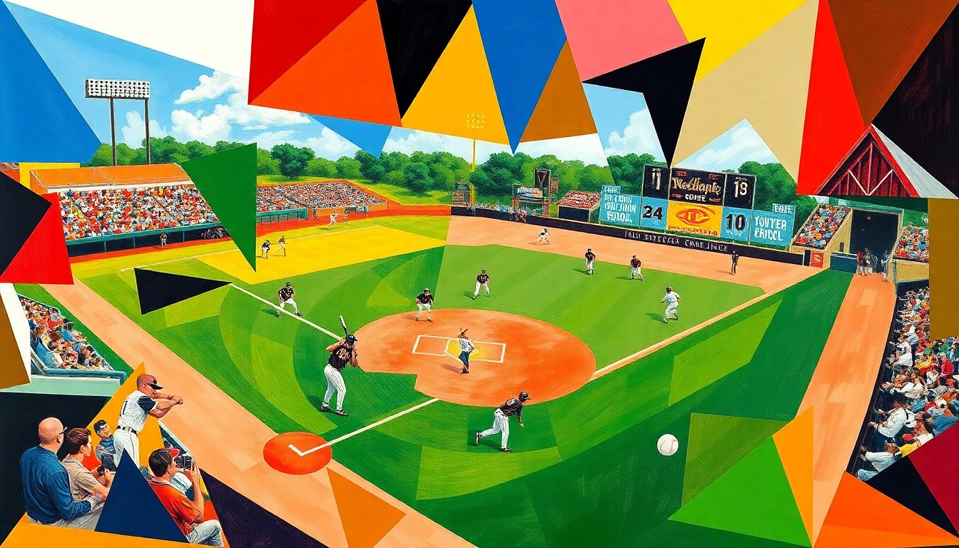 A fragmented, geometric painting depicting the movements and action of a high school baseball game, with the team colors of the competing schools used throughout the abstract composition.