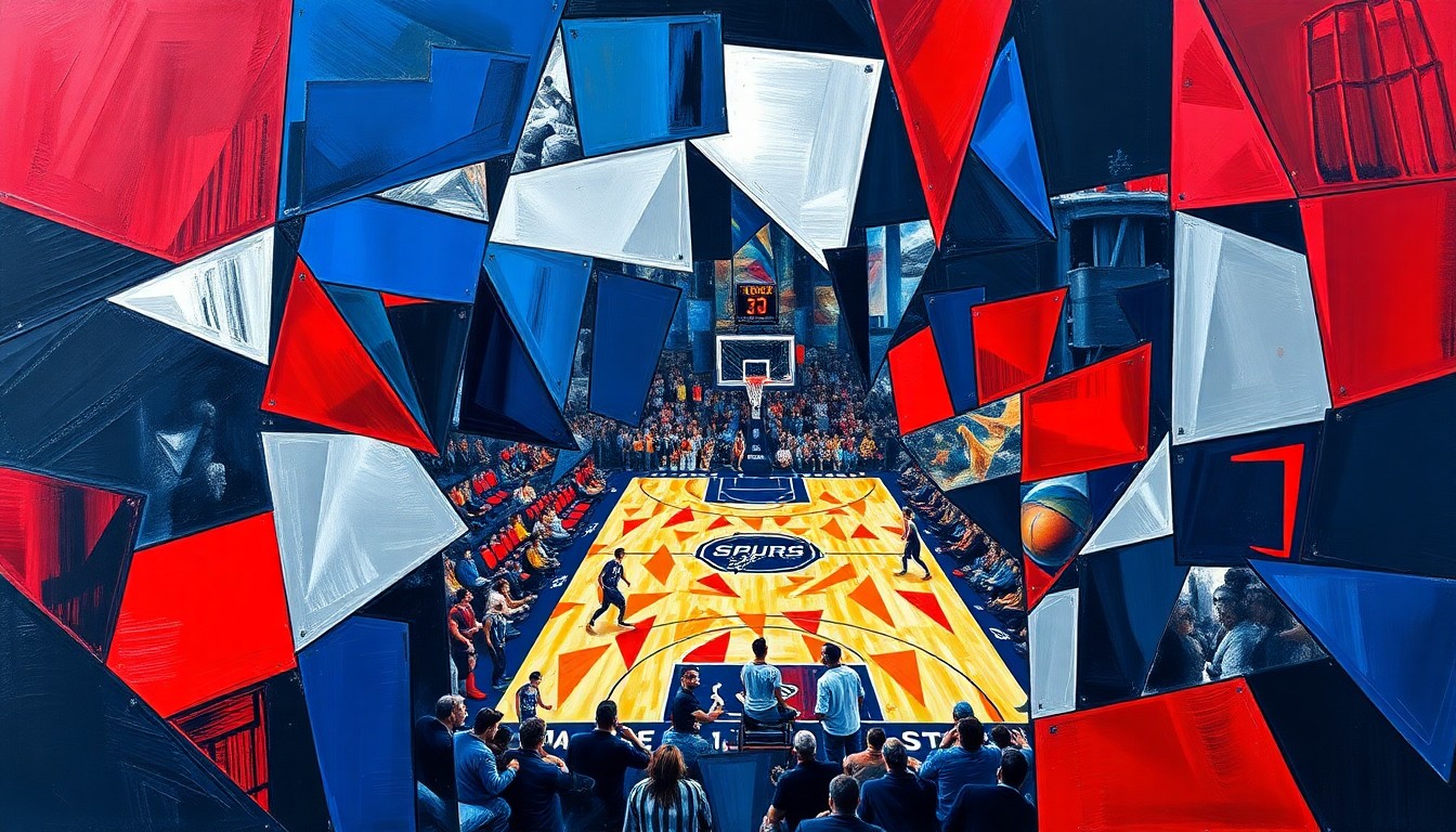 A fragmented, cubist-style painting depicting a San Antonio Spurs basketball game, with players and the court broken down into overlapping geometric shapes and planes in a bold color scheme, conveying the team's dynamic and unconventional style of play.