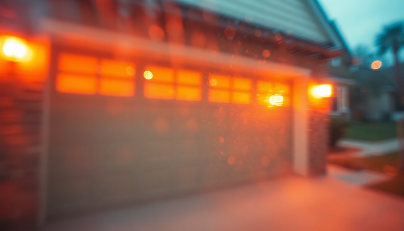 An abstract, out-of-focus image of a residential garage door, captured in soft, warm tones and hazy, blurred light, conveying a sense of the importance of reliable garage door maintenance and repair services in a local community.