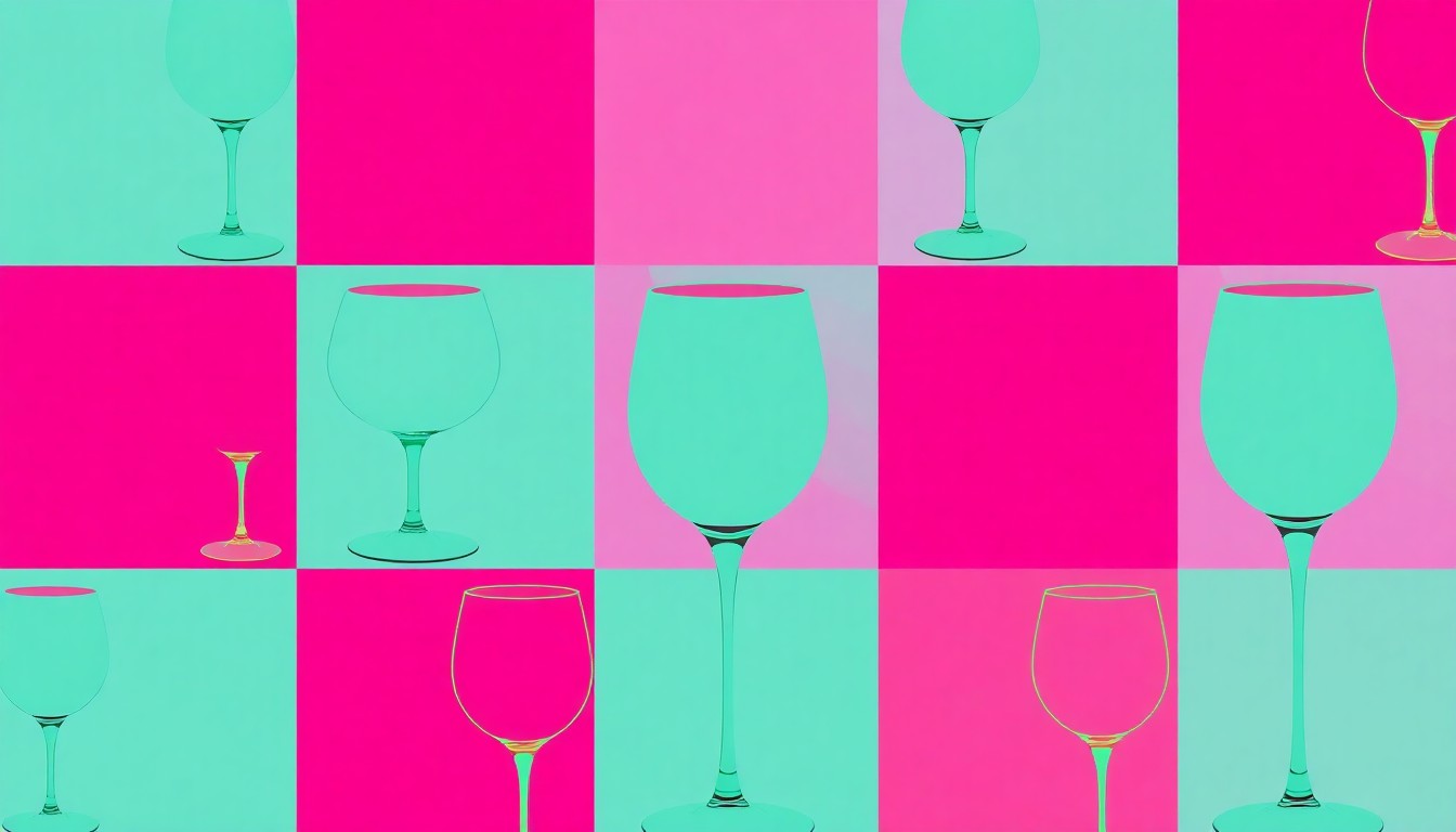 A brightly colored, high-contrast silkscreen print of a wine glass repeated in a tight grid pattern, conceptually representing the elevated yet inviting atmosphere of Bat Haus's event spaces.