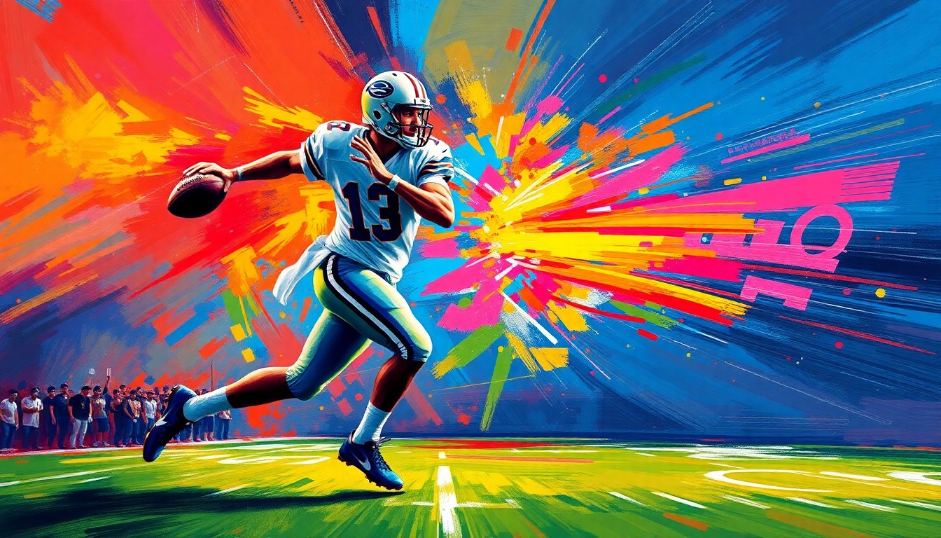 An abstract, expressionist painting in neon colors depicting a quarterback making a quick decision, the football blurring into an energetic, gestural shape.