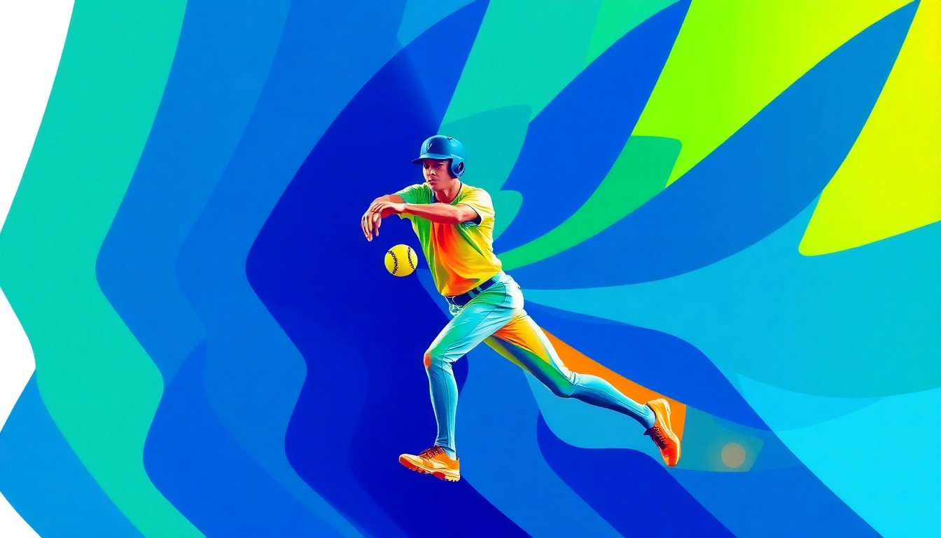 A dynamic, abstract painting of a softball player in motion, with the figure repeated in overlapping, fractured geometric shapes in a vibrant color palette, conveying the tension and controversy surrounding this issue.