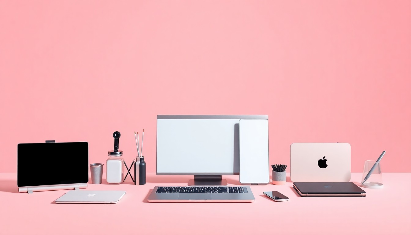 A high-end, photorealistic studio still-life photograph featuring a collection of sleek, premium digital devices and office accessories arranged elegantly on a clean, monochromatic background, conceptually representing the innovative digital marketing technologies and tools that will be showcased at the upcoming conference.