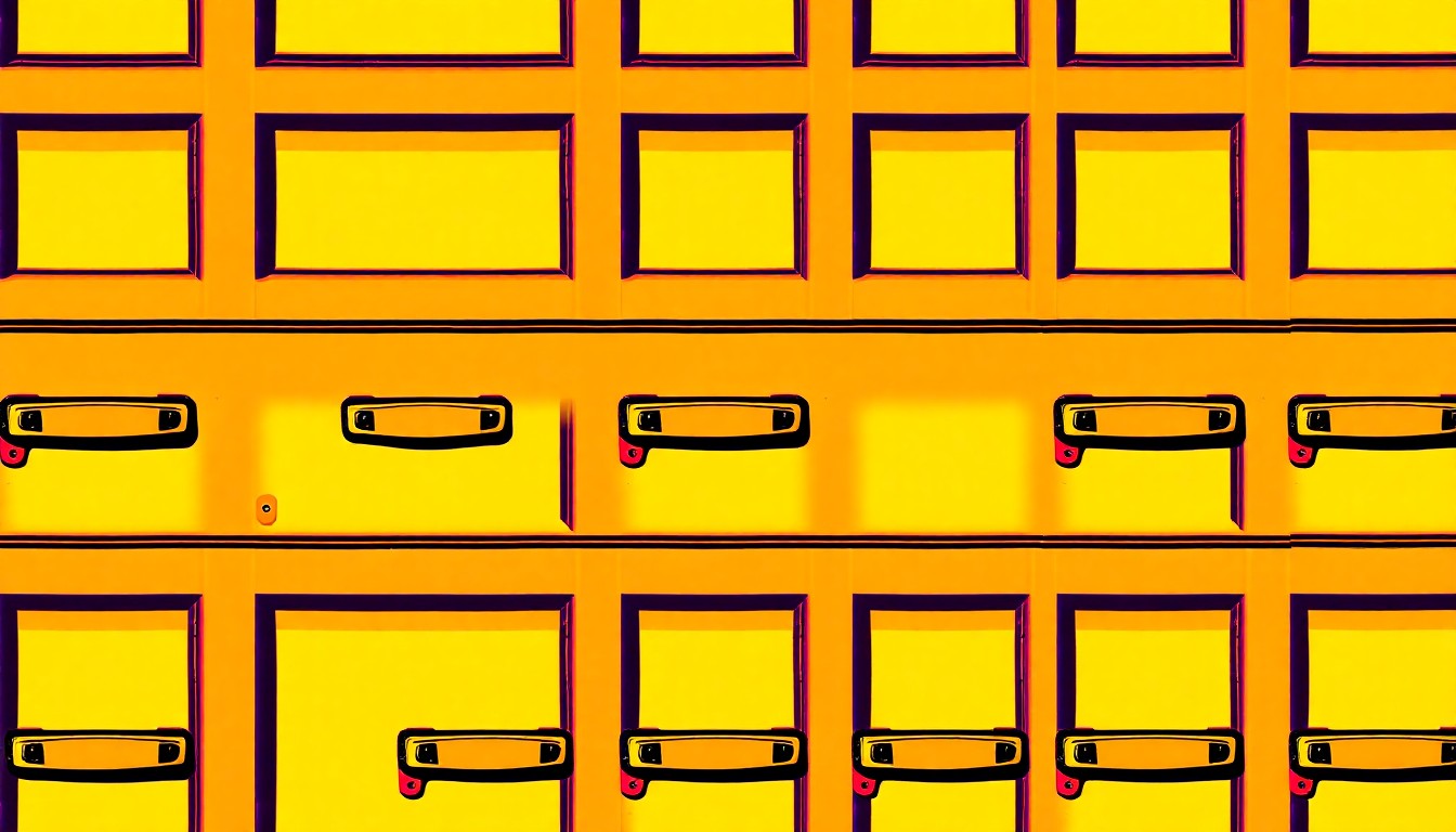 A grid of brightly colored, high-contrast silkscreen prints of a single garage door handle, rendered in a bold, abstract pop art style.