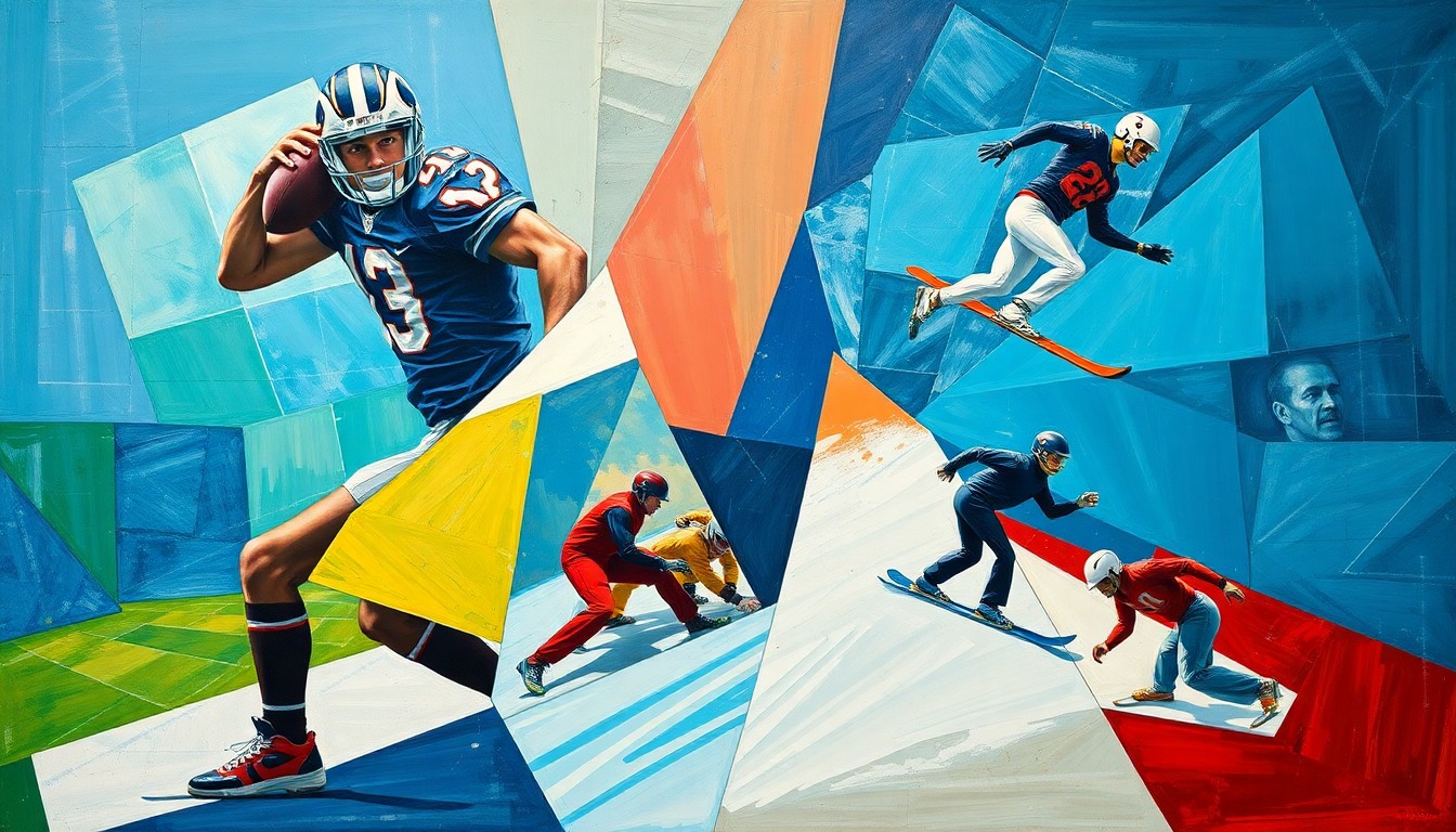 A fragmented, geometric painting depicting abstract figures of a football player, wrestlers, and skiers in a dynamic, colorful composition.