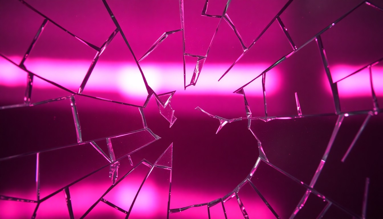 An extreme close-up of shattered mirror glass reflecting a faint pink light, conceptually representing the fractured nature of the romantic storylines in the Netflix series XO, Kitty.