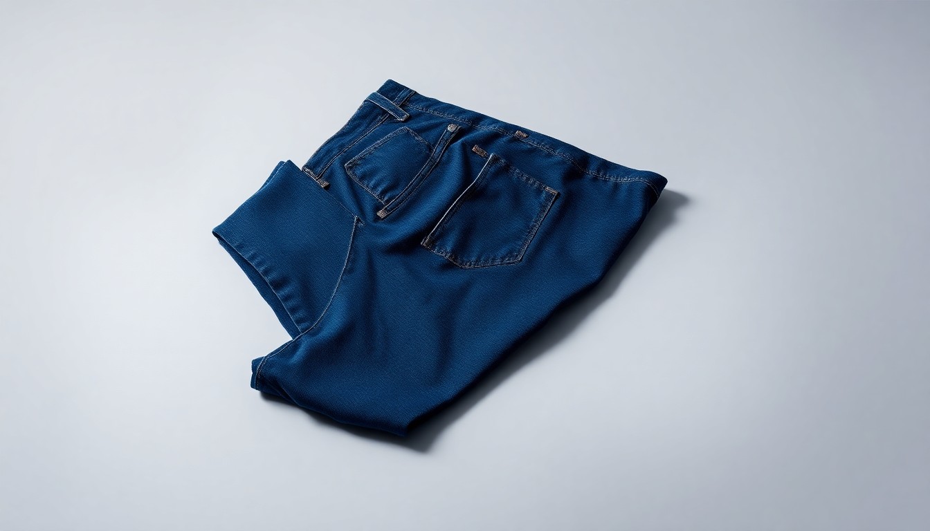 A high-end, photorealistic studio still-life photograph of a pair of premium, polished denim jeans in a dark indigo blue color, resting on a clean, monochromatic seamless background and dramatically lit to showcase the timeless quality and enduring appeal of Levi's iconic products.