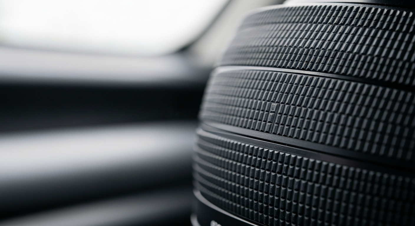 An extreme macro photograph of the textured surface of a car's rearview camera lens, reflecting a soft red glow, conceptually illustrating the technical complexity of this safety system.