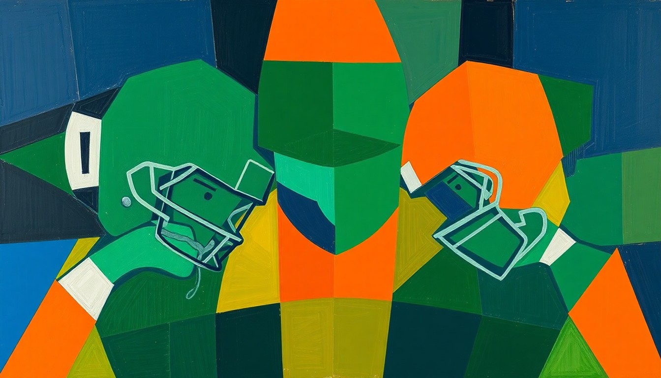 A fragmented, geometric painting depicting the overlapping forms and planes of a football defensive line, rendered in a palette of navy, green, and orange to conceptually represent the Texans' challenges in acquiring top defensive talent.