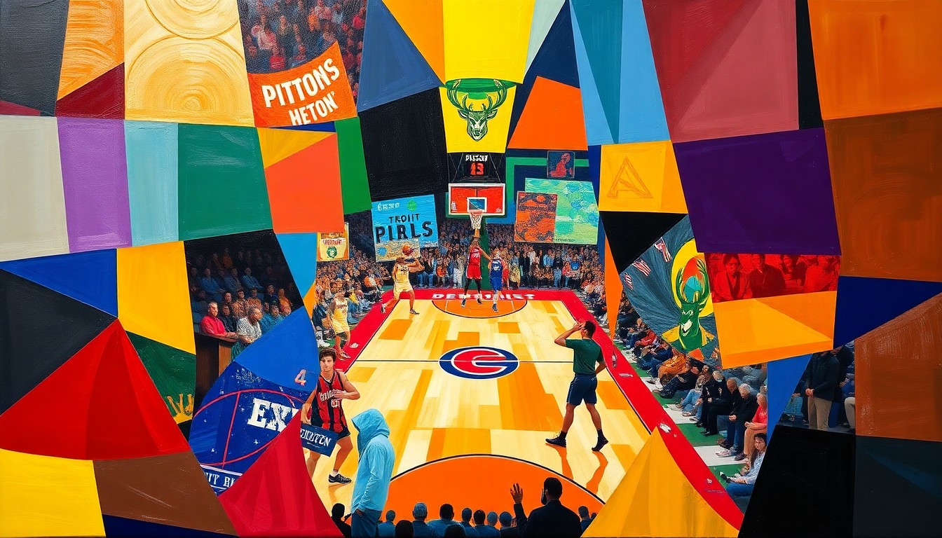 A fragmented, geometric painting in the style of Pablo Picasso, depicting a basketball game between the Detroit Pistons and Milwaukee Bucks through a series of overlapping, angular shapes and planes in a vibrant color palette.