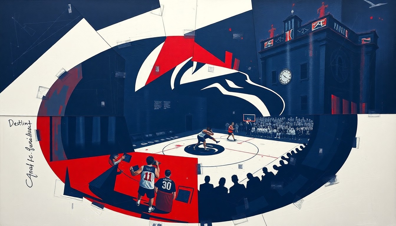 A fractured, multi-perspective painting depicting a Penn State wrestling match, with sharp, overlapping geometric planes in vibrant navy, white, and red colors, capturing the raw energy and intensity of the sport.