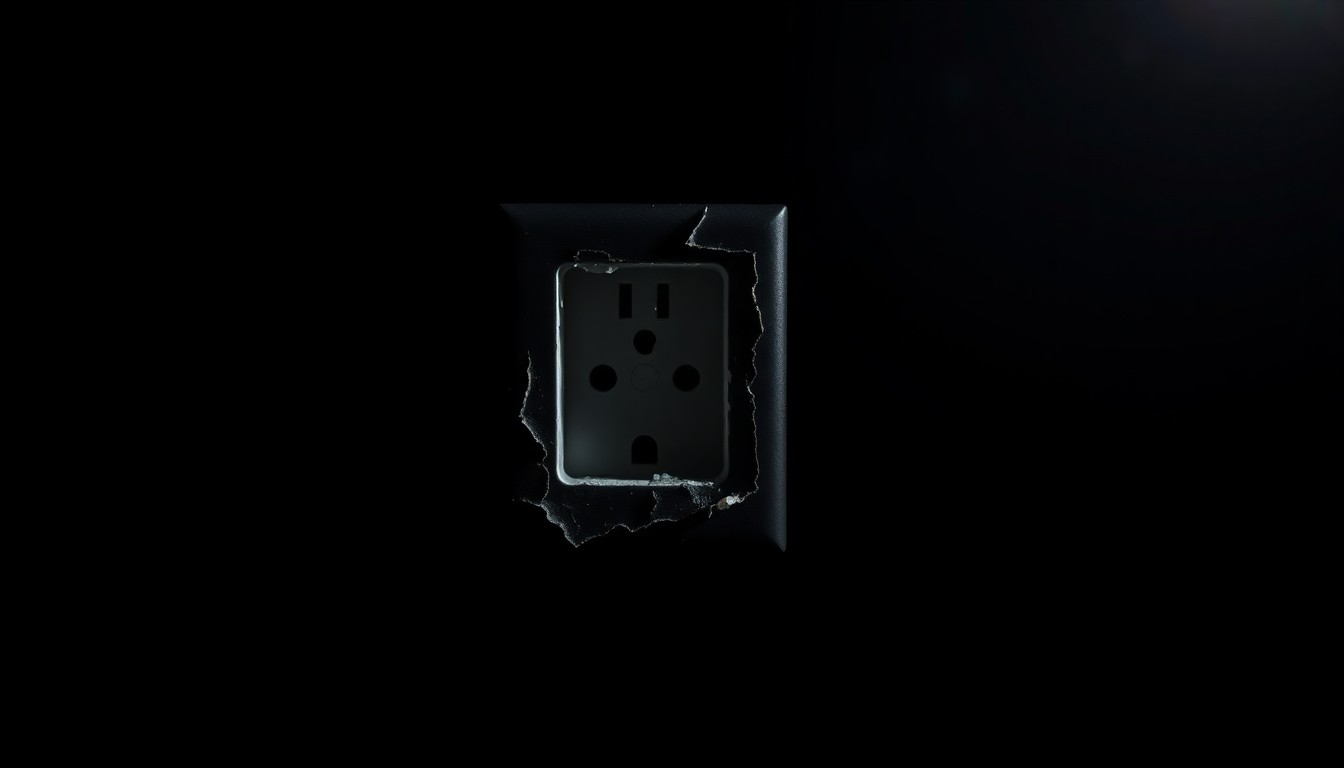 An extreme close-up photograph of a damaged electrical outlet, its metal components partially melted, against a stark black background, conceptually illustrating the dangers of the prison's aging infrastructure.