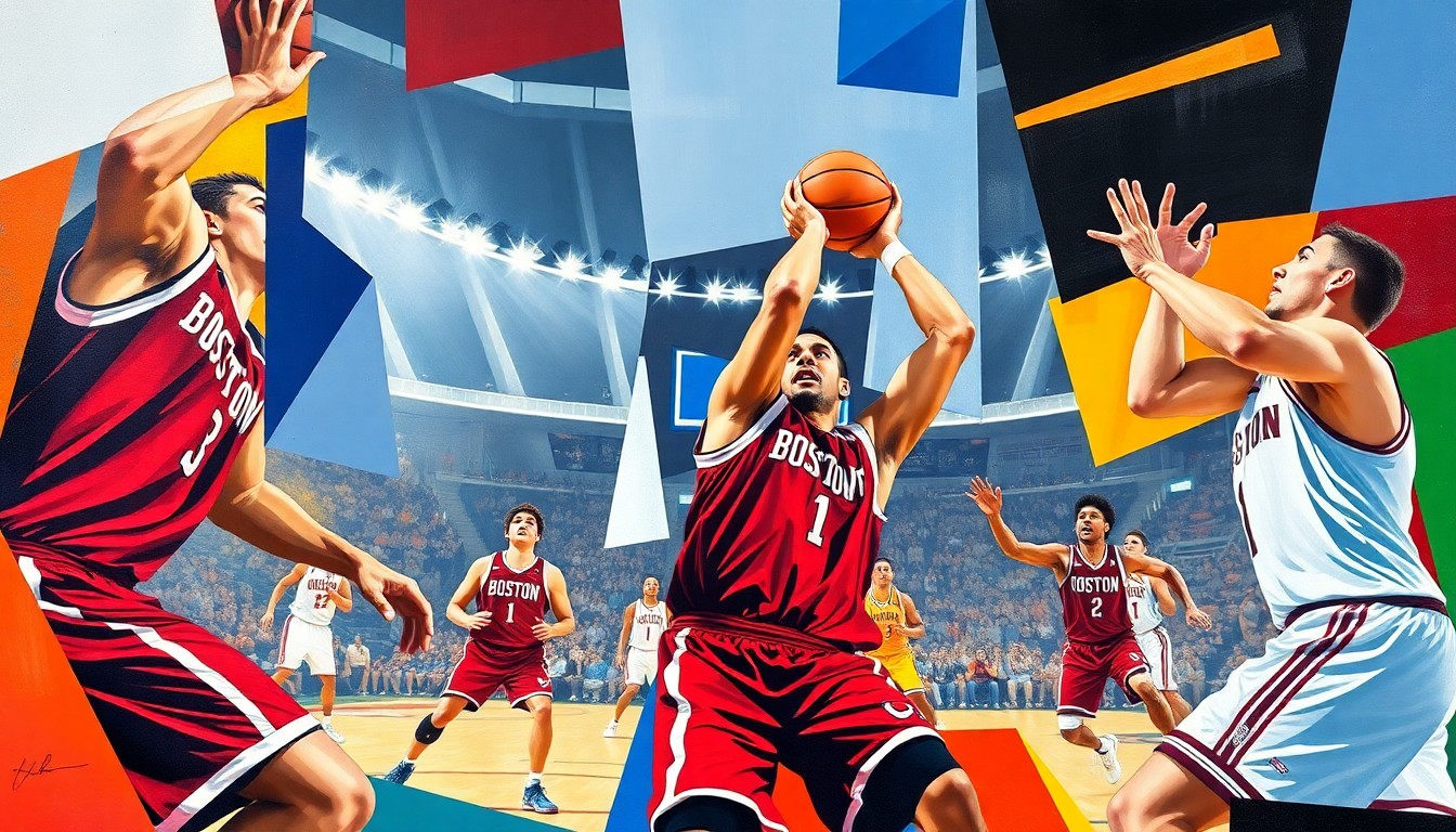 A cubist-style painting depicting a fragmented, geometric scene of a college basketball game, with the players' forms broken down into sharp, overlapping shapes in the team's colors, conveying the challenges facing the program.