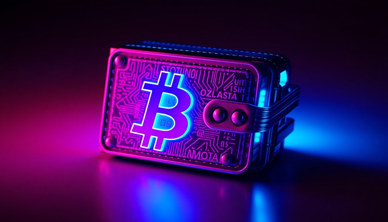 A highly detailed, glowing 3D illustration of a complex, futuristic Bitcoin wallet hardware device, illuminated by neon cyan and magenta lights, conceptually representing the security concerns surrounding the Satoshi Nakamoto identity and the enormous value of the associated dormant wallets.