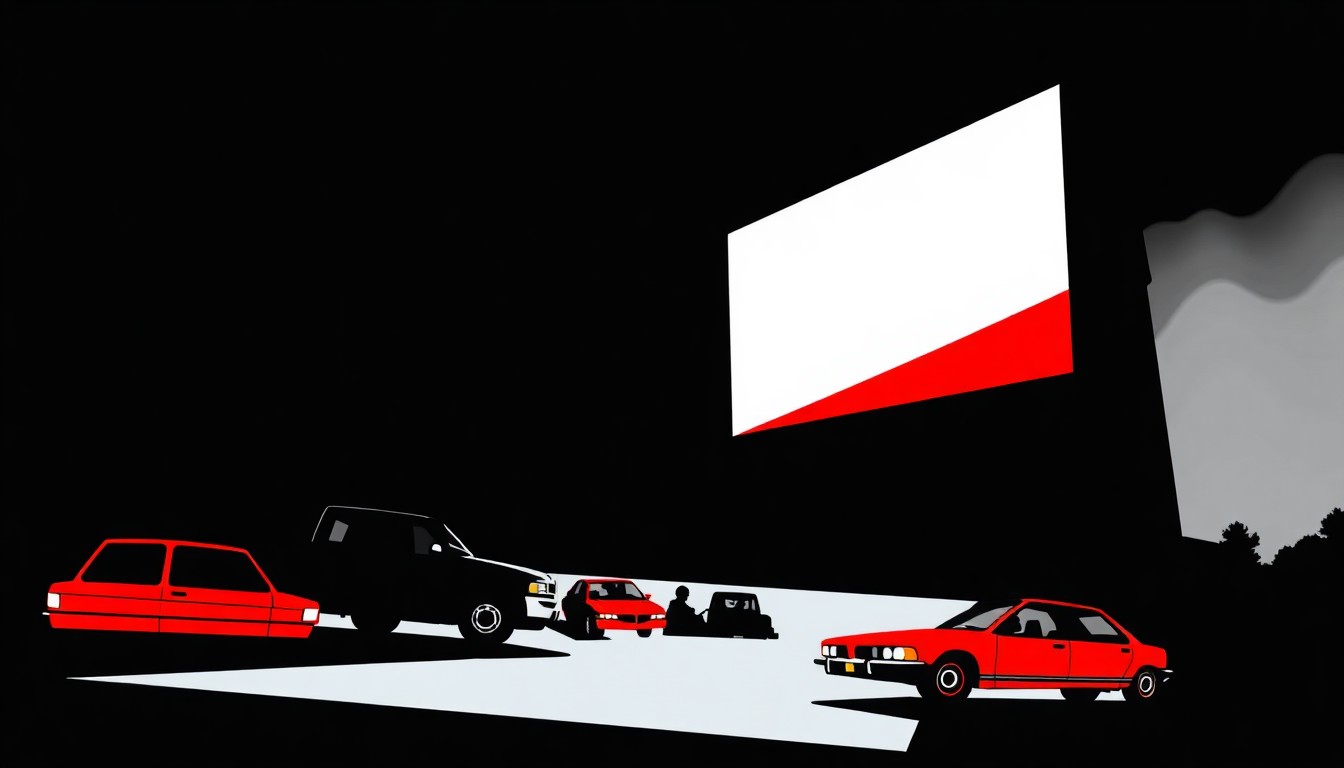 An abstract, minimalist illustration using bold, angular black shapes against a bright red background to conceptually represent the nostalgic experience of watching classic films at an outdoor drive-in theater.