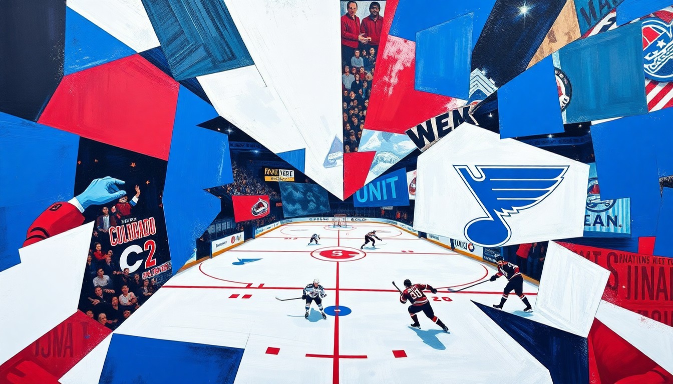 A cubist, geometric painting depicting a hockey game between the Colorado Avalanche and St. Louis Blues, with the players and action broken down into sharp, overlapping planes of color.