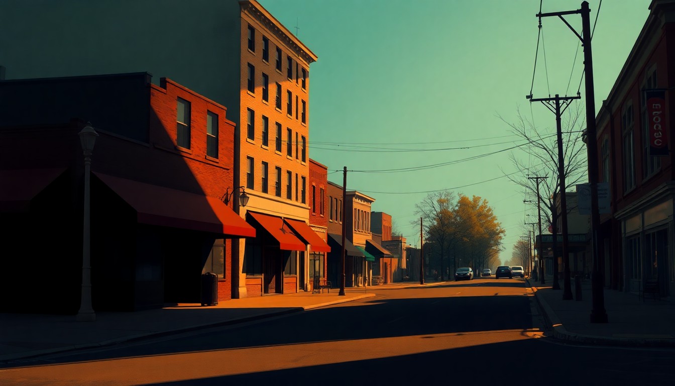 A serene, nostalgic painting of a deserted city street in Kingston, New York, with warm sunlight casting long shadows across the pavement, capturing the quiet tension of the city's housing policy debate.