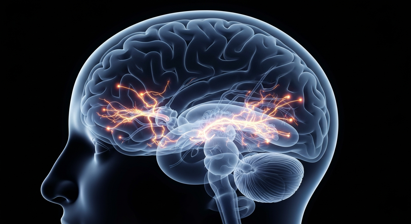 A highly detailed, translucent X-ray image of a human brain, with glowing neural pathways and structures visible, conceptually representing the scientific investigation into the factors behind the gender shift in ADHD diagnoses.