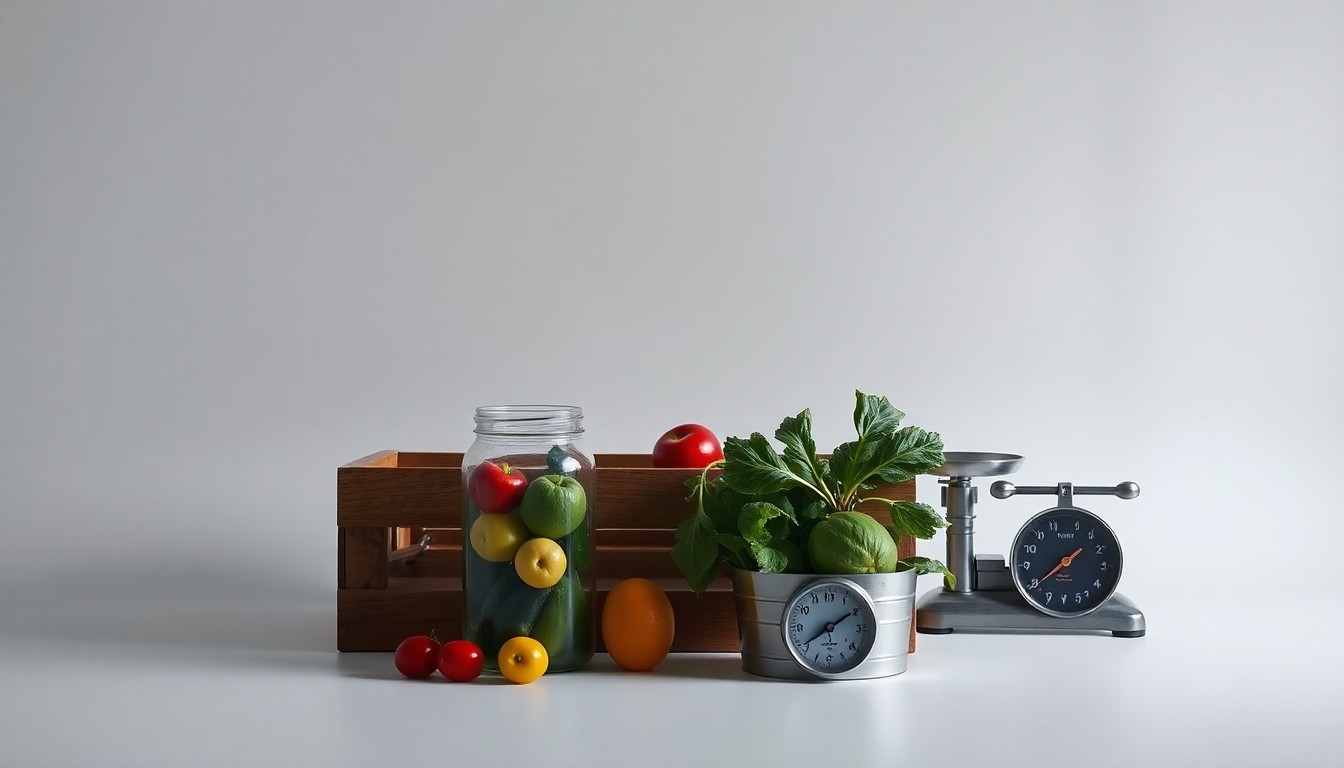 A photorealistic studio still life featuring a glass jar of fresh produce, a wooden crate, and a metal scale arranged elegantly on a clean, monochromatic background, conceptually representing the business of local food systems and institutional partnerships.